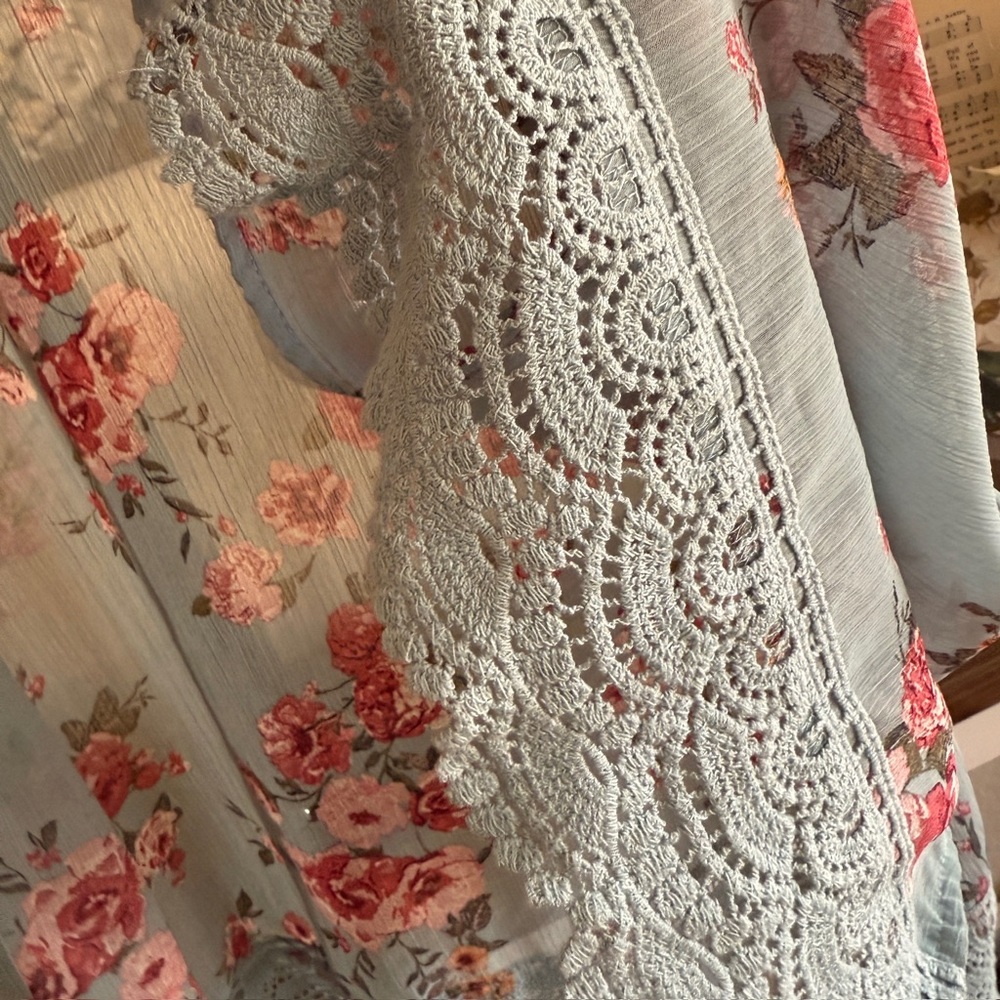 Floral Sheer Kimono Duster with Crochet Light Blue Pink Boho Layering Romantic - Picture 8 of 16
